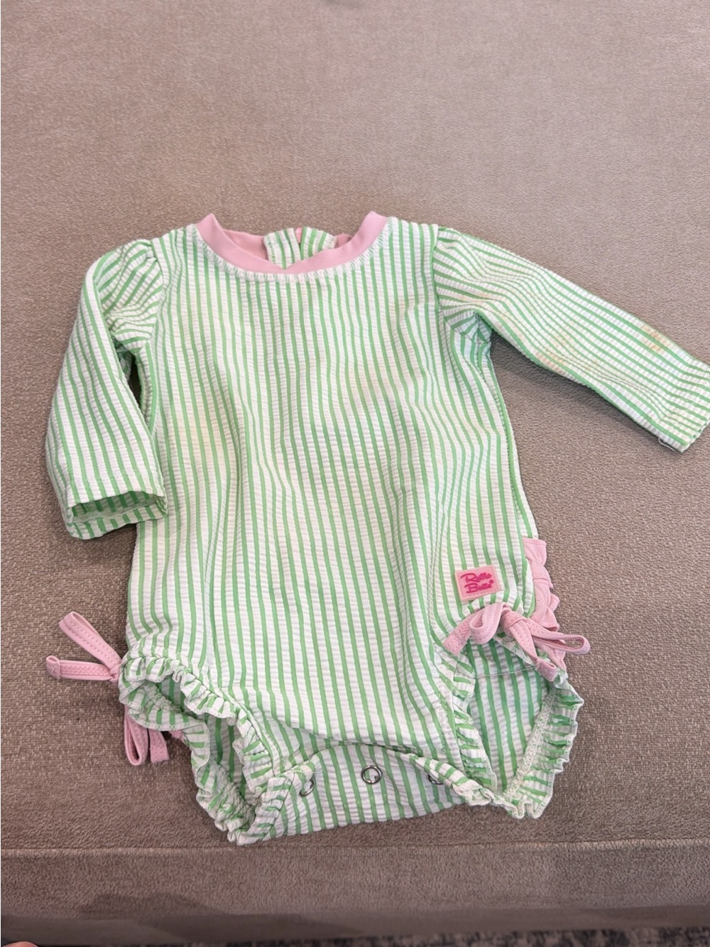 Ruffle Butts Green & White Striped One-Piece with Pink Trim